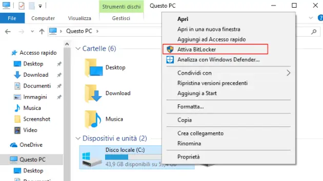 Attivare Bitlocker Windows 10