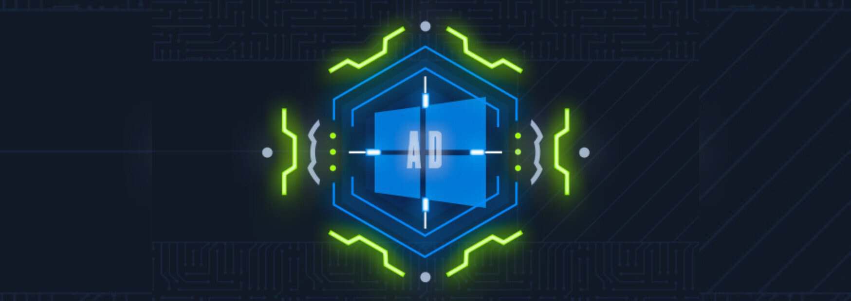logo di windows active directory (ad) racchiuso in un esagono tecnologico con circuiti digitali su sfondo scuro