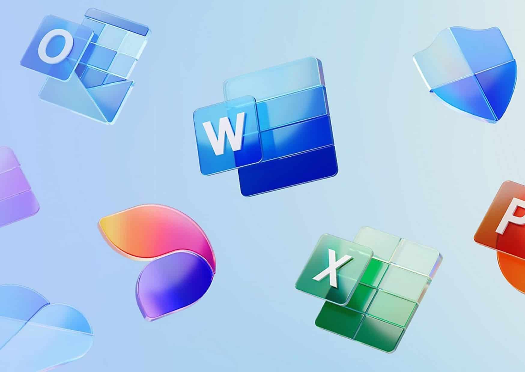 app di produttività microsoft 365 icone 3d fluttuanti delle applicazioni microsoft 365: word, excel, outlook, powerpoint e defender