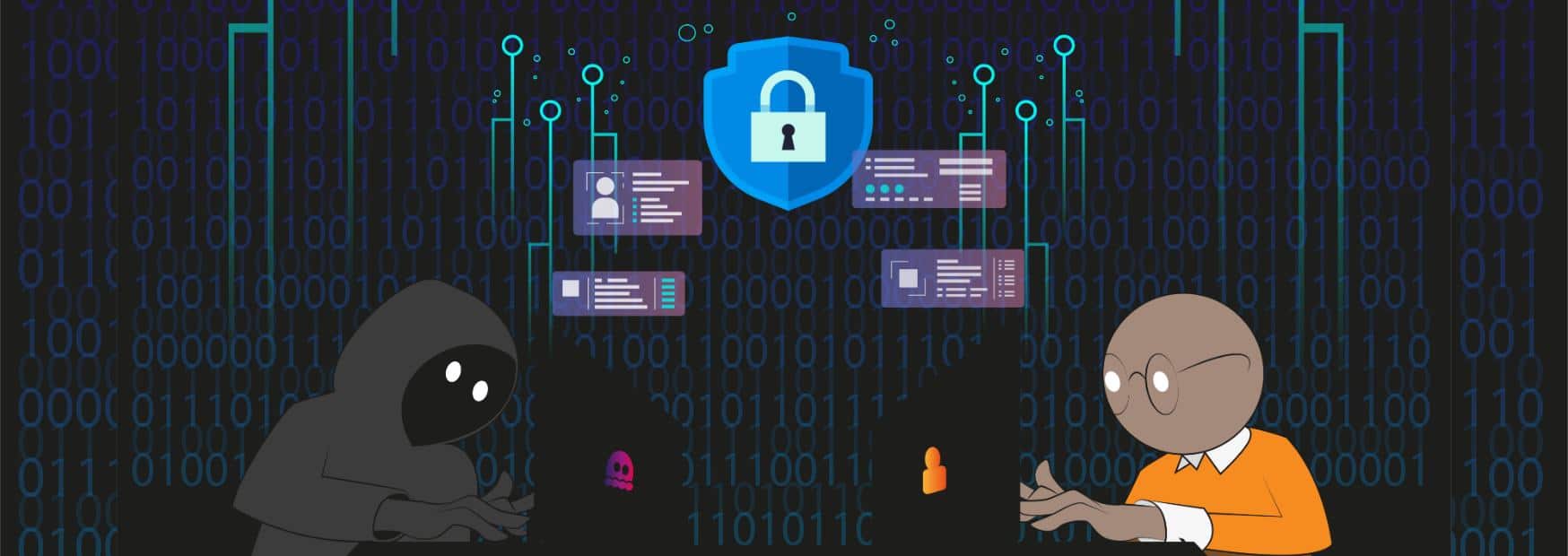 illustrazione che mostra un hacker incappucciato che tenta di accedere a dati protetti da uno scudo, mentre un amministratore di sistema monitora la rete