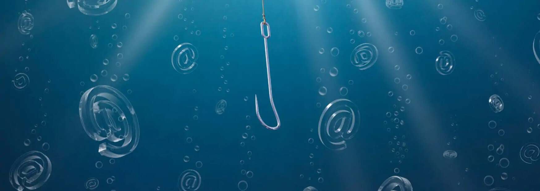 l'amo del phishing: come abboccare un amo da pesca calato sott'acqua circondato da simboli della chiocciola email.