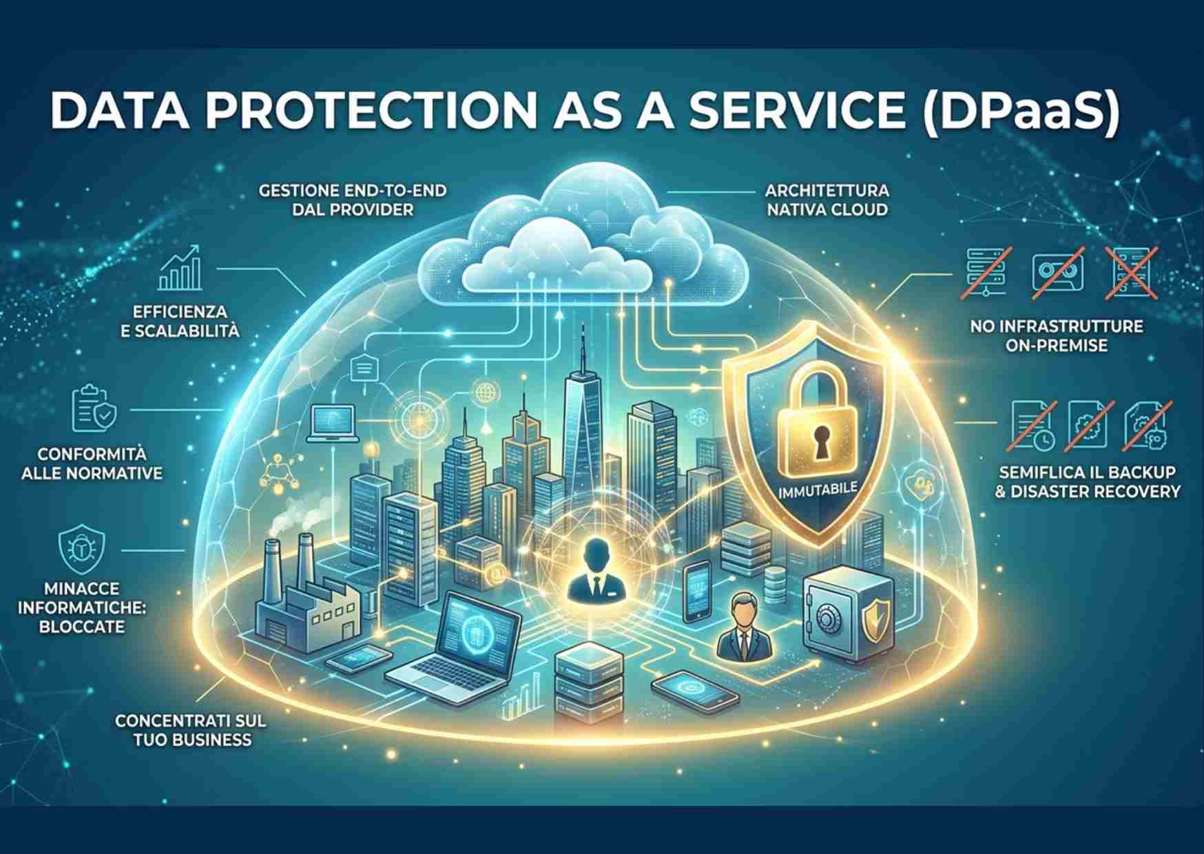 rappresentazione concettuale di una città digitale protetta da una cupola di sicurezza (dpaas), evidenziando architettura cloud nativa, immutabilità dei dati e protezione dalle minacce