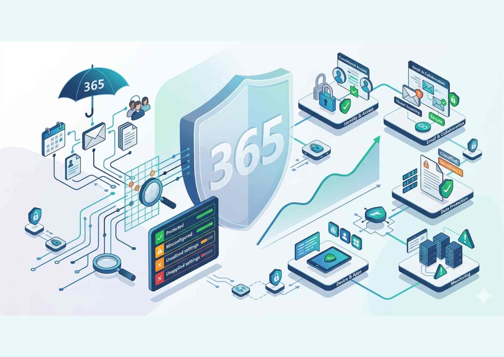 infografica isometrica che illustra un processo di security assessment per microsoft 365, con icone di protezione dati, analisi delle identità e monitoraggio cloud.