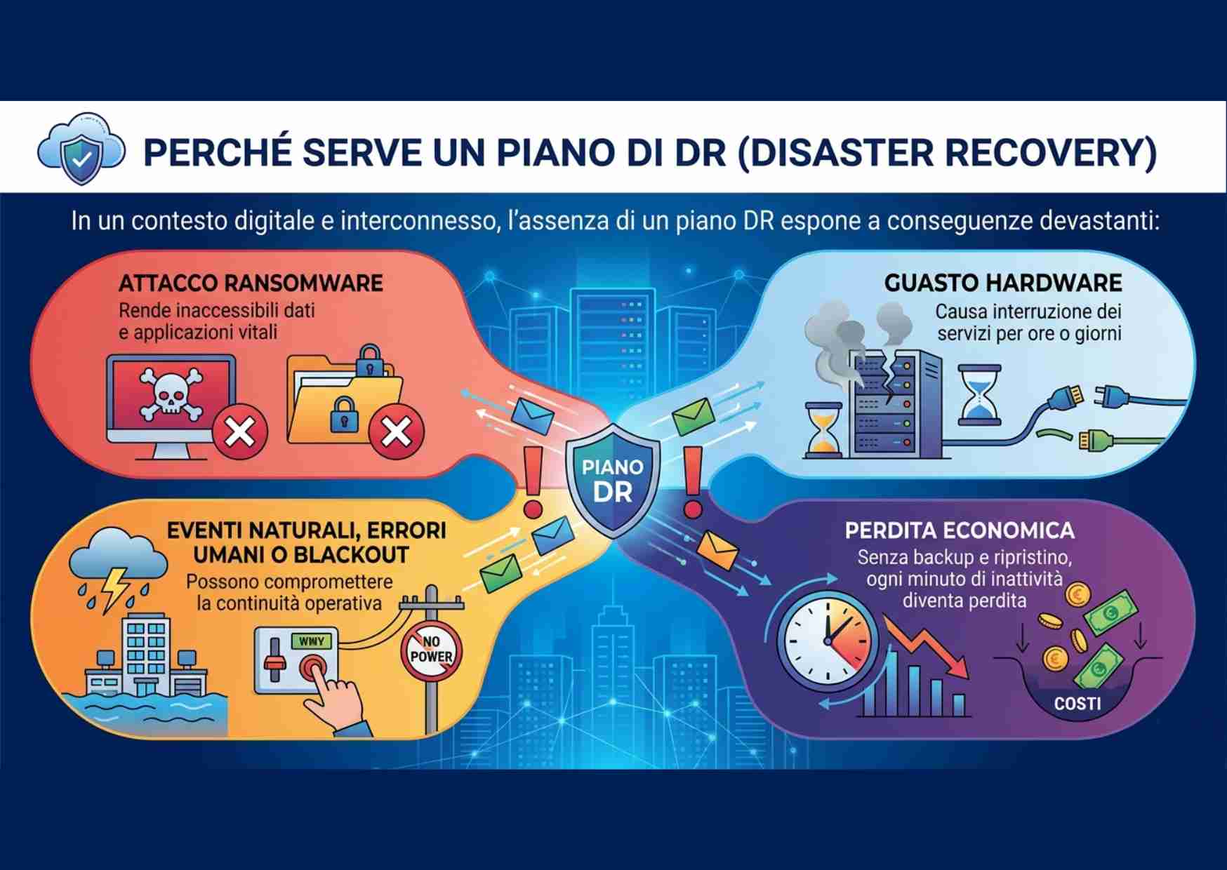infografica che illustra le cause di interruzione aziendale: attacchi ransomware, guasti hardware, eventi naturali e perdite economiche legate all'assenza di un piano di disaster recovery
