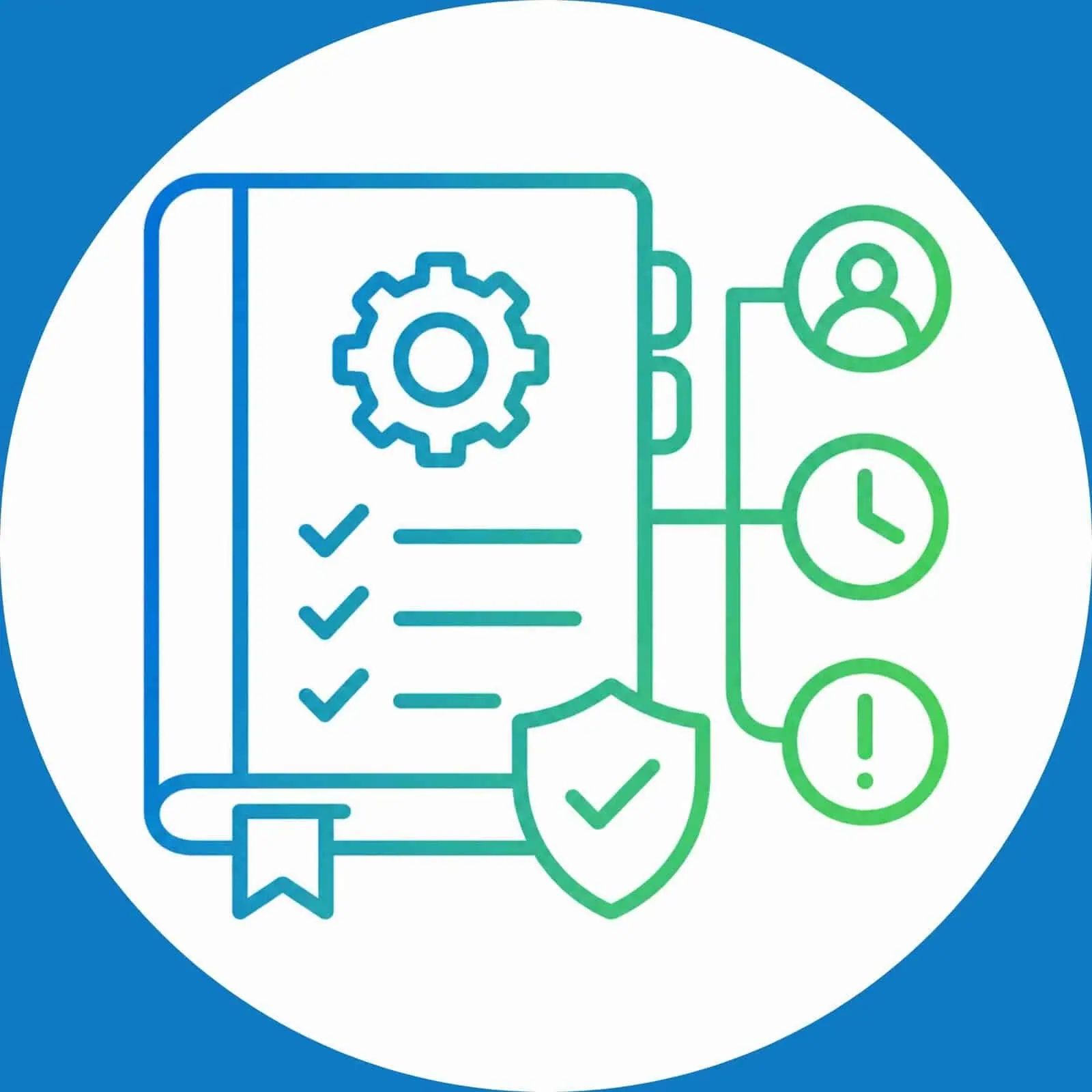 runbook formale e documentazione icona di un manuale tecnico con ingranaggi, checklist e icone di gestione del tempo