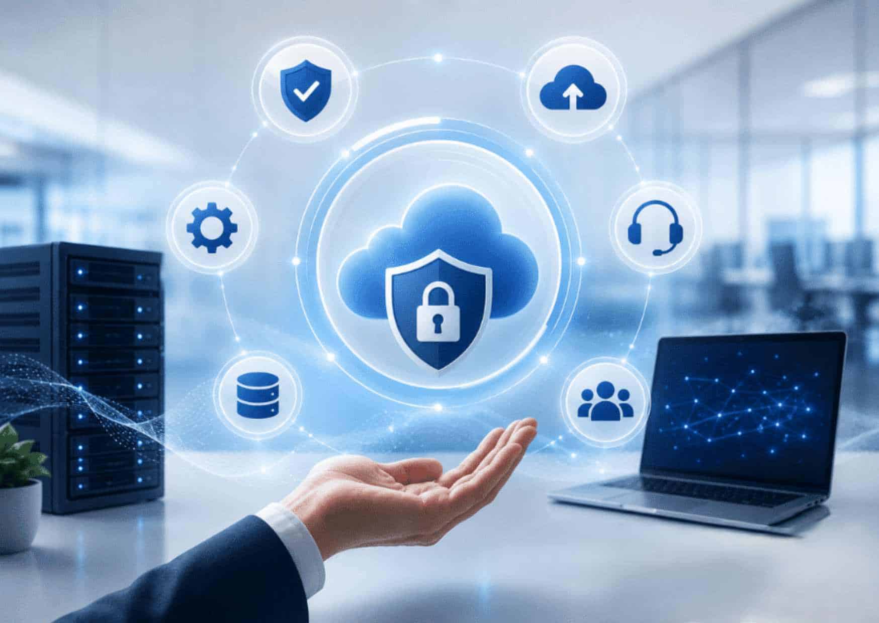 sicurezza e governance cloud mano che sorregge un'icona cloud con scudo e lucchetto, circondata da nodi di rete e icone di sicurezza