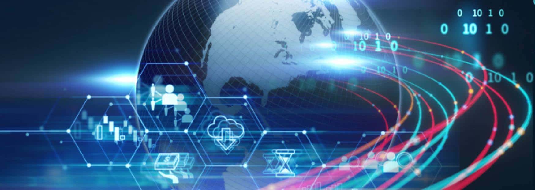 protezione dati su scala globale rappresentazione digitale del pianeta terra connesso da flussi di dati veloci e circuiti informatici.
