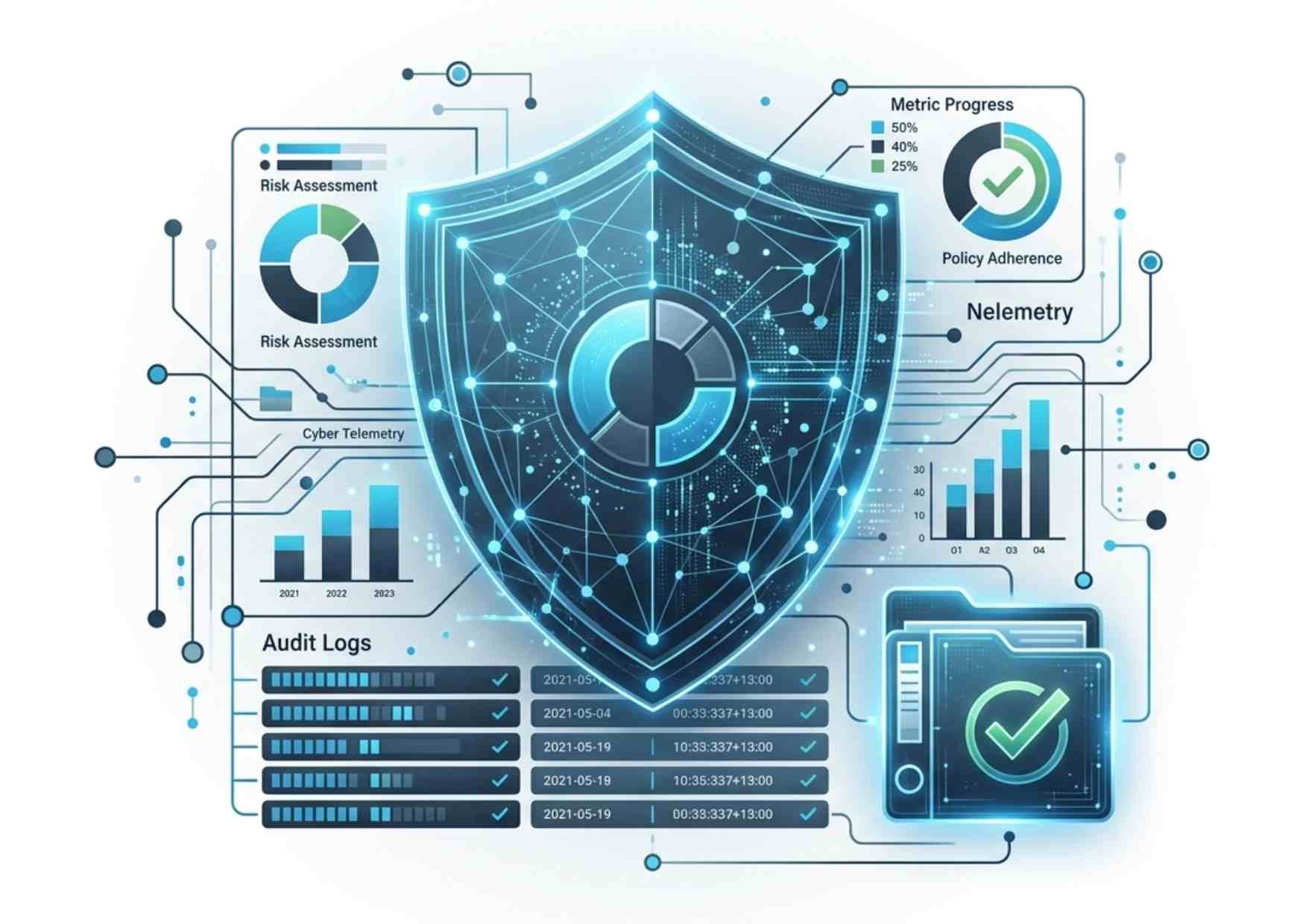 compliance-nis2-audit-sicurezza-dns scudo digitale con grafici di telemetria e cartella di audit con spunta verde per la conformità nis2 e gdpr.