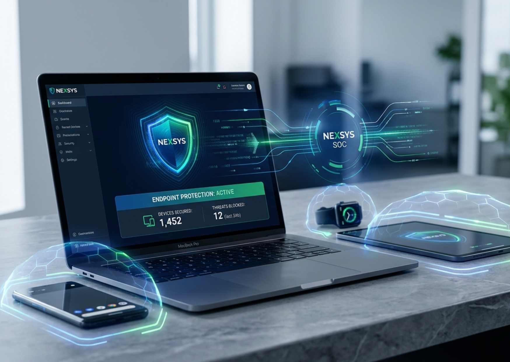 endpoint-protection-sicurezza-aziendale mockup di un computer laptop e smartphone protetti da una soluzione di endpoint protection aziendale in un ufficio.