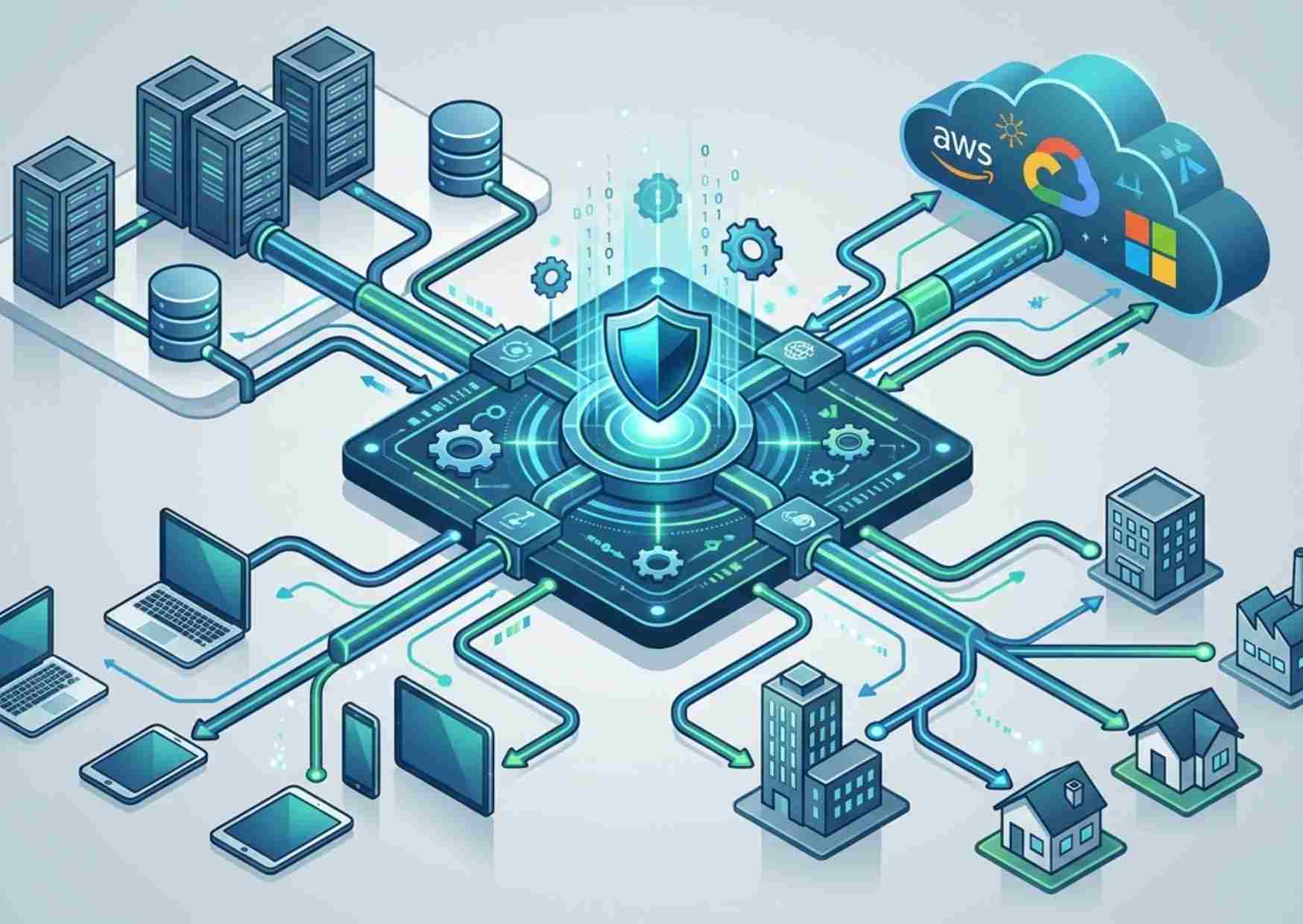 infoblox-universal-ddi-infrastruttura-ibrida diagramma di un'infrastruttura di rete centrale che unifica la gestione dns, dhcp e ipam con ambienti cloud azure e aws.