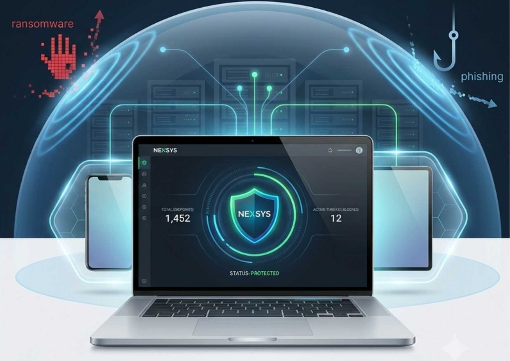 perimetro-sicurezza-endpoint-protection grafica concettuale del perimetro di sicurezza di una soluzione endpoint protection con uno scudo digitale a protezione di laptop e tablet aziendali.