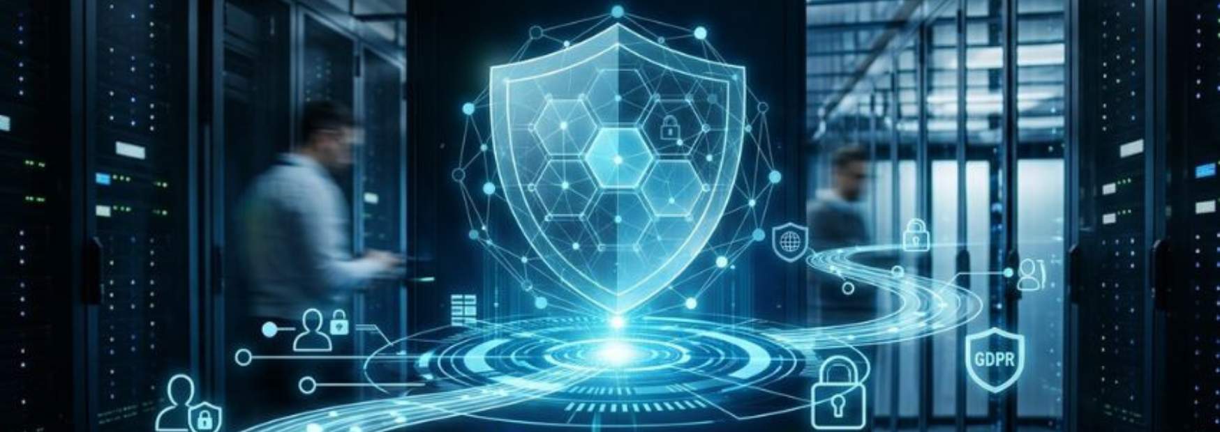 rappresentazione concettuale di sicurezza informatica con uno scudo digitale luminoso all'interno di una sala server di un data center.