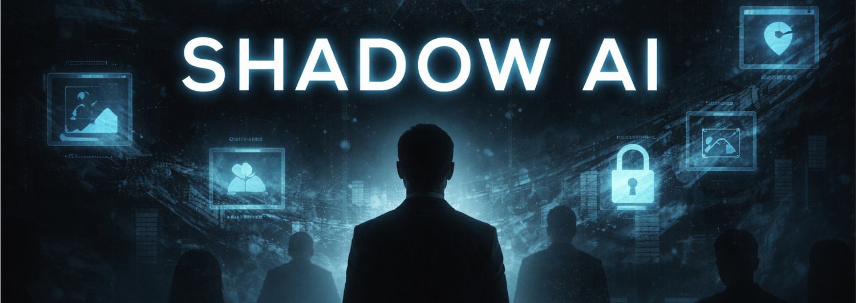 silouette di un team it di spalle davanti alla scritta shadow ai con icone digitali di lucchetti e monitoraggio della rete.