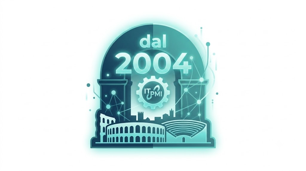 dal 2004 esperienza it icona celebrativa con arco romano e skyline di verona, numero 25, scritta 'anni' e ingranaggio 'it pmi' per la continuità di servizio nexsys dal 2000