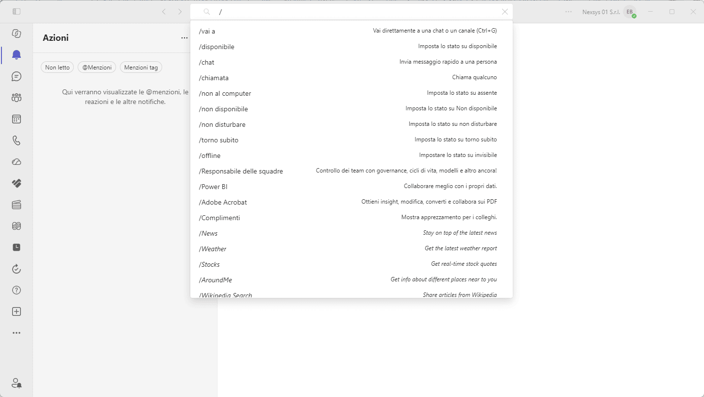 elenco dei comandi rapidi di microsoft teams schermata della barra di ricerca di microsoft teams che mostra il menu a tendina dei comandi rapidi attivato tramite il carattere barra inversa (slash).