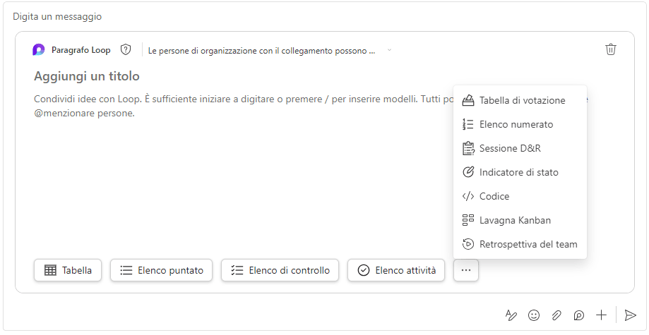 utilizzo dei componenti microsoft loop nelle chat e nei canali teams schermata dell'interfaccia di inserimento di un componente microsoft loop in teams, con il menu dei modelli aperto che mostra opzioni come tabella di votazione, lavagna kanban e liste.