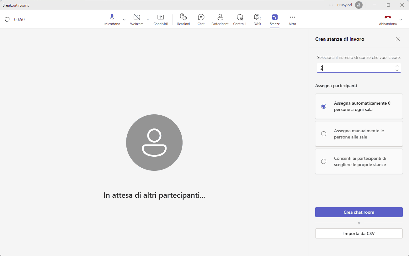impostazione del numero di stanze di lavoro in microsoft teams pannello laterale crea stanze di lavoro in una riunione microsoft teams, con opzioni per impostare il numero di sale e le modalità di assegnazione dei partecipanti.