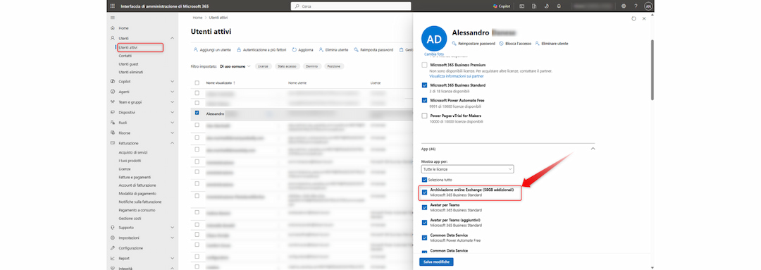 evidenza del sotto-piano di espansione attivo screenshot del centro di amministrazione microsoft 365 con evidenziato il sotto-piano di espansione archiviazione online exchange attivo per l'utente.