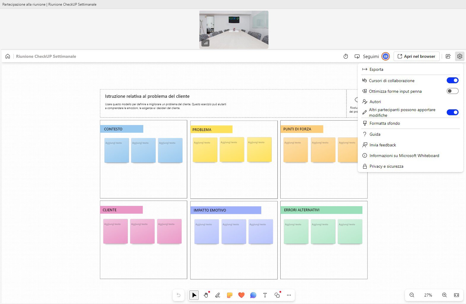utilizzo di microsoft whiteboard durante una riunione teams schermata della lavagna digitale microsoft whiteboard integrata in una riunione di teams, con modelli a biglietti adesivi colorati per il brainstorming di gruppo.