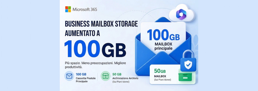 microsoft mailbox 100gb infografica che illustra l'aumento dello storage delle business mailbox microsoft 365 a 100 gb con 50 gb di archivio.