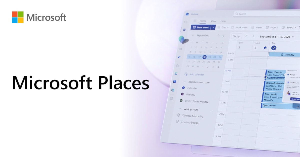microsoft places per la gestione del lavoro ibrido e degli spazi aziendali immagine promozionale di microsoft places con il logo microsoft, la scritta microsoft places e sullo sfondo l'interfaccia di un calendario con la pianificazione delle presenze in ufficio e del lavoro flessibile.