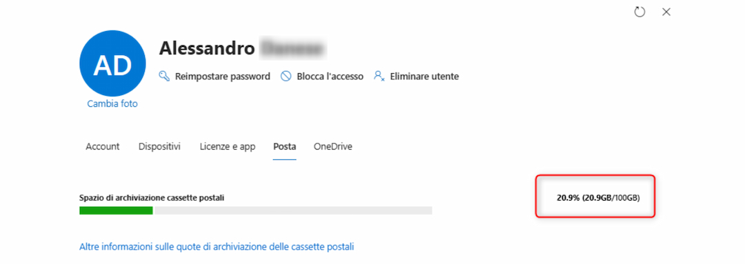 riscontro visivo della nuova allocazione massima pari a 100 gb screenshot della scheda posta nel centro di amministrazione microsoft 365 che mostra la nuova quota massima allocata di 100 gb.