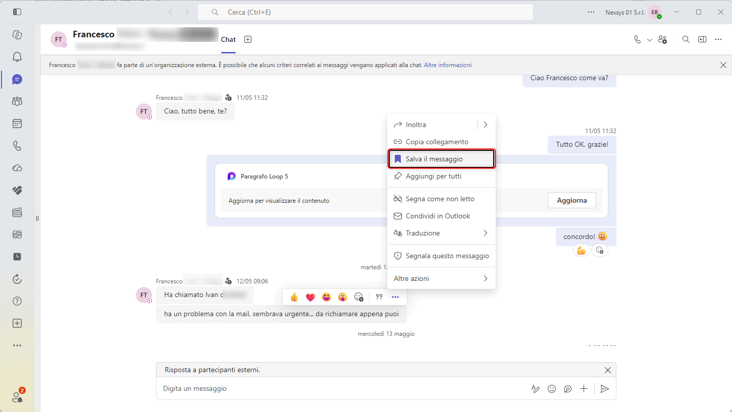 salvataggio e creazione di segnalibri nei messaggi di microsoft teams schermata di una chat di microsoft teams con il menu contestuale aperto su un messaggio e l'opzione salva il messaggio evidenziata con un riquadro rosso.