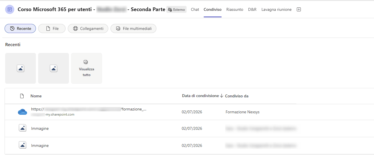 consulta i file e i contenuti condivisi in una riunione microsoft teams schermata della scheda condiviso all'interno di un evento di microsoft teams, con la lista dei file recenti, immagini e collegamenti sharepoint condivisi durante la riunione.