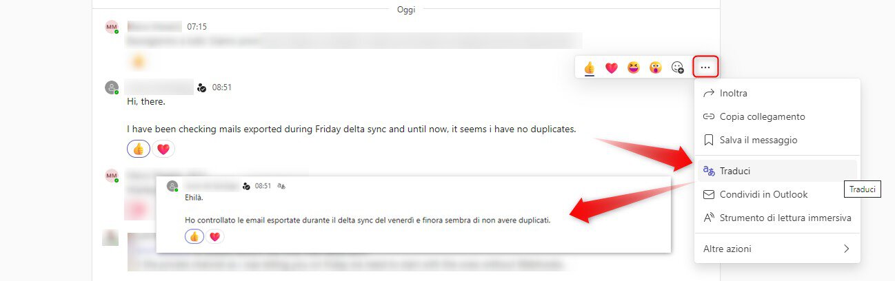 traduzione istantanea dei messaggi in microsoft teams schermata di una conversazione su microsoft teams che mostra il menu contestuale di un messaggio in inglese e l'opzione traduci evidenziata per convertire il testo in italiano.