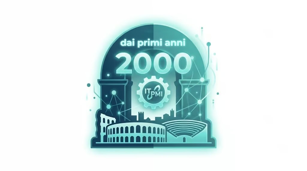 esperienza it dai primi anni 2000 icona celebrativa con arco romano e skyline di verona e ingranaggio it pmi: esperienza it nexsys dai primi anni 2000